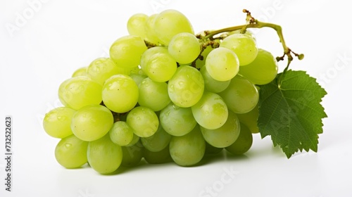 Bunch of Green Grapes With Leaves on White Background