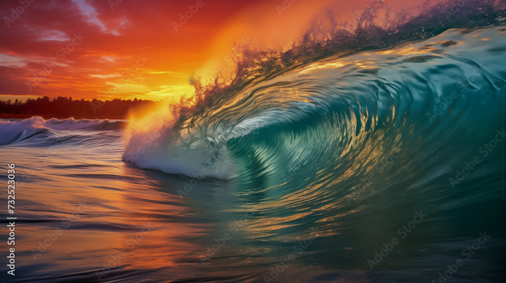 Splashing colorful ocean wave at sunrise