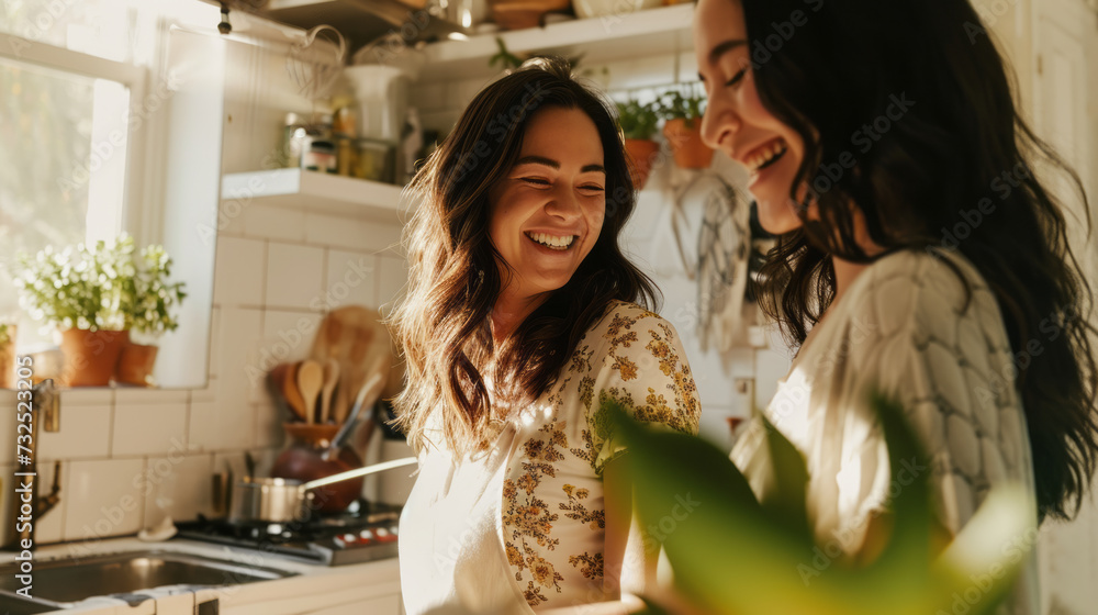 In a homely kitchen, women come together to cook, their smiles and laughter adding warmth to their culinary creations, epitomizing a healthy and joyful lifestyle - obrazy, fototapety, plakaty 