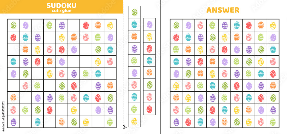 Nine Easter eggs in sudoku game. Game puzzle for kids. Cut and glue. Cartoon Nine Easter eggs in sudoku game. Game puzzle for kids. Cut and glue. Cartoon