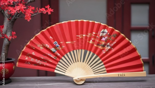 japanese fan on a temple background, red flowers in a vase