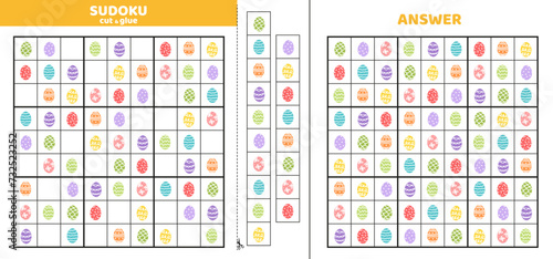 Nine Easter eggs in sudoku game. Game puzzle for kids. Cut and glue. Cartoon