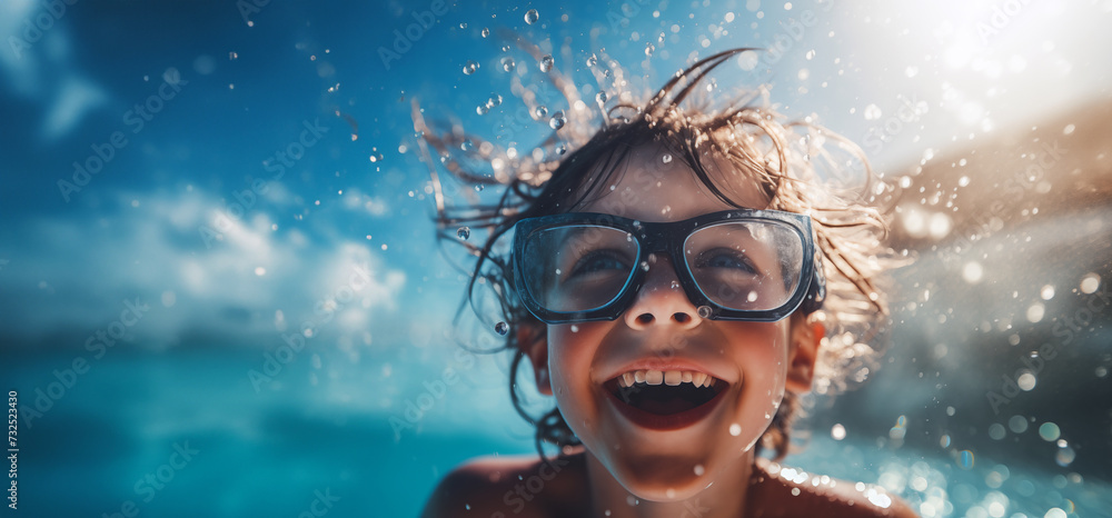 Le bonheur d'un petit garçon jouant dans une piscine. - obrazy, fototapety, plakaty 