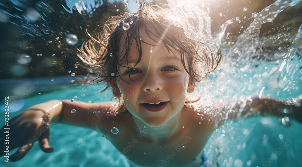 Le bonheur d'un petit garçon se baignant dans une piscine. - obrazy, fototapety, plakaty 