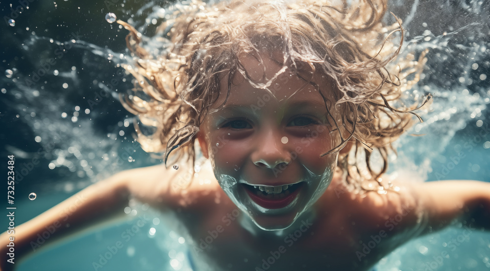 Le bonheur d'un petit garçon se baignant dans une piscine. - obrazy, fototapety, plakaty 