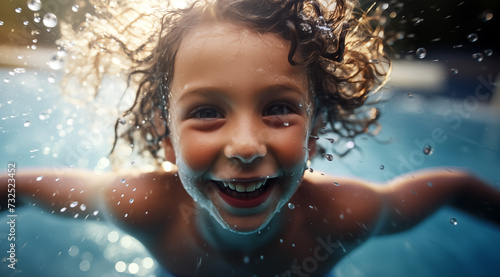 Le bonheur d un petit gar  on se baignant dans une piscine.