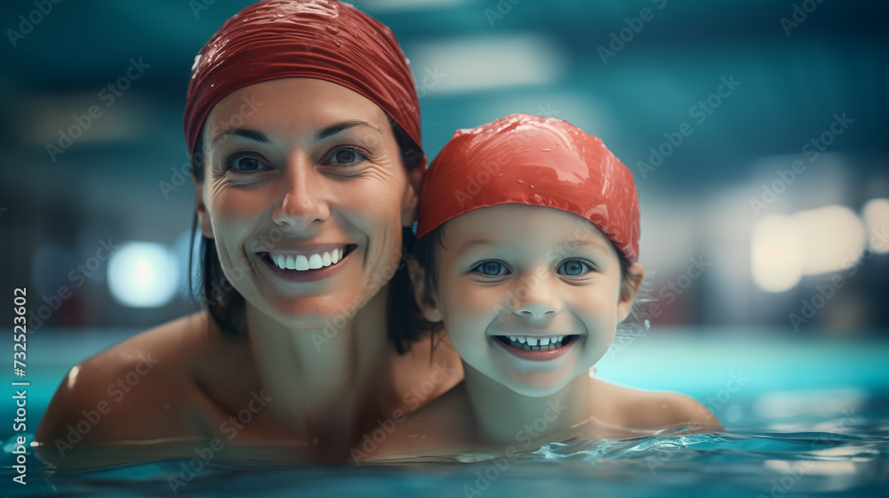 Une mère et son fils se baignant dans une piscine en intérieur.