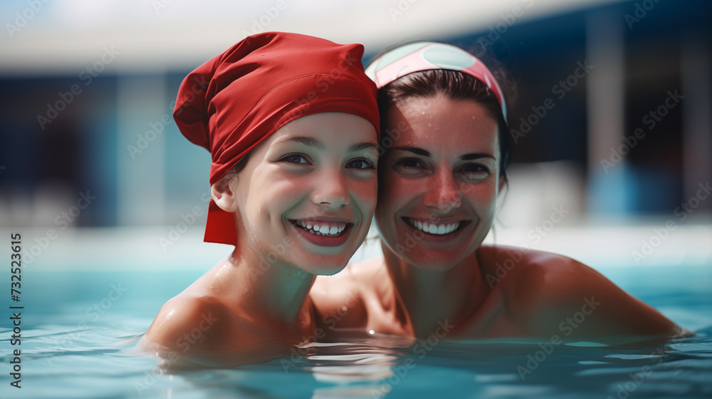 Une mère et sa fille se baignant dans une piscine en intérieur.