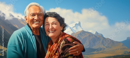Une illustration d'un couple senior, heureux, amoureux, dans un paysage de montagne, image avec espace pour texte.