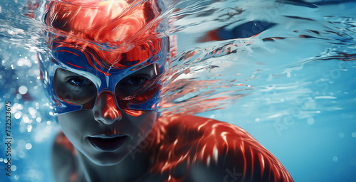 Canvas Print Une femme dans une piscine avec des lunettes et un bonnet de bain, la tête sous l'eau