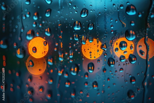 Rainy season. Rain falls on the window glass. Admire the city skyline on a dark day Horizontal background with rain rain