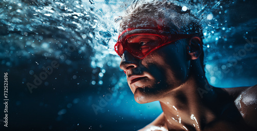 Un homme dans une piscine avec des lunettes, la tête sous l'eau. photo