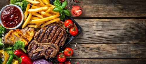 A wooden table adorned with a delicious dish consisting of steak, French fries, vegetables, and sauces, showcasing a mouthwatering blend of natural ingredients and flavors.