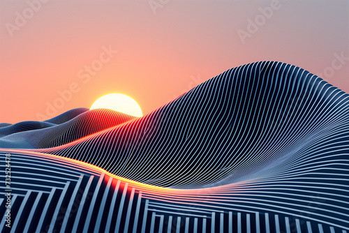 Surreal fantasy background featuring black and white striped hills at sunset, creating a dreamlike and otherworldly landscape.