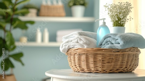 basket with towels in bathroom with cleaning agents