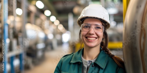 A smiling woman wearing a safety helmet and protective eyewear stands in an industrial facility, conveying a professional and positive atmosphere suitable for themes of Labor Day and industrial employ