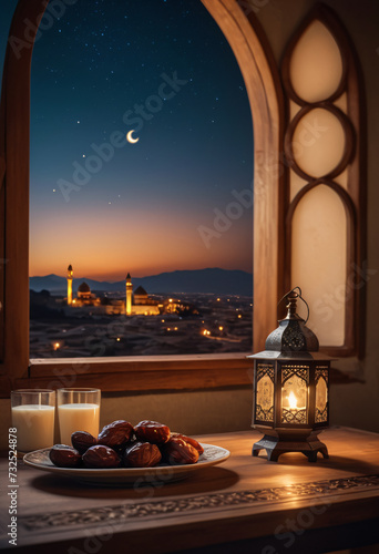 Ramadan Kareem still life with a bowl of dates and glass of milk for Iftar, glowing ornamental Arabic lantern on wooden table with background of the night city, mosque and Muslim crescent moon