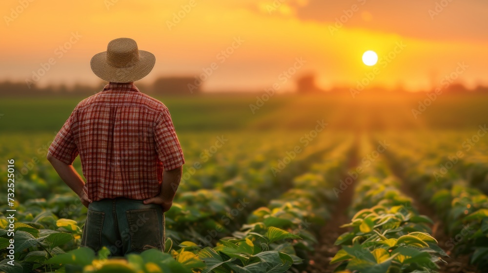 Farmer standing in a green field at sunset