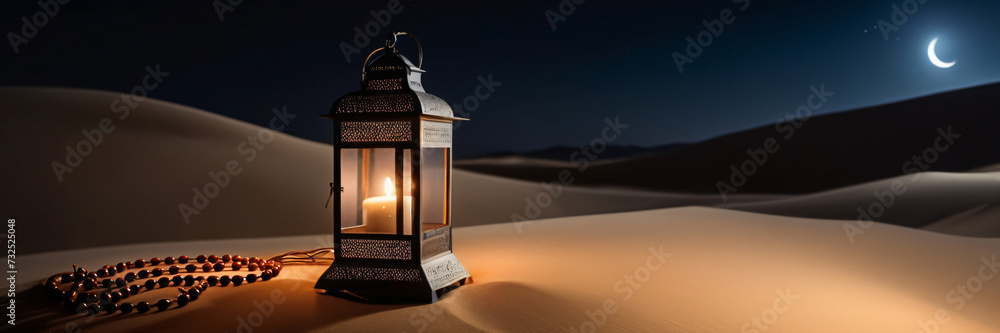 Ornamental Arabic lantern and rosary praying beads on a sand in a desert and sunset background with crescent moon for Ramadan celebration. Ramadan Mubarak panoramic banner with space for greeting text