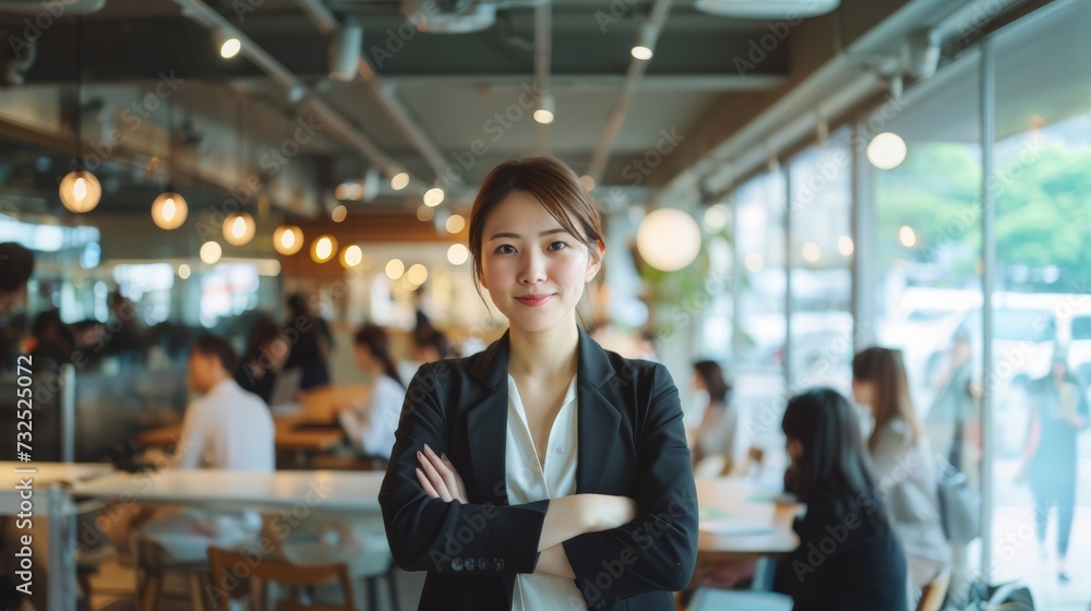 A confident woman with crossed arms smiling in a well-lit startup office, suggesting themes of professionalism, leadership, and casual business encounters. A confident woman with crossed arms smiling in a well-lit startup office, suggesting themes of professionalism, leadership, and casual business encounters.