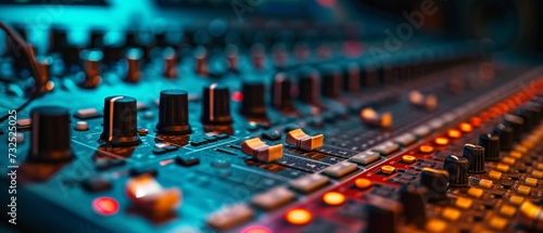 Close-up of an audio mixer's knobs and faders with blue and orange neon lights, likely used for music production or DJ events.