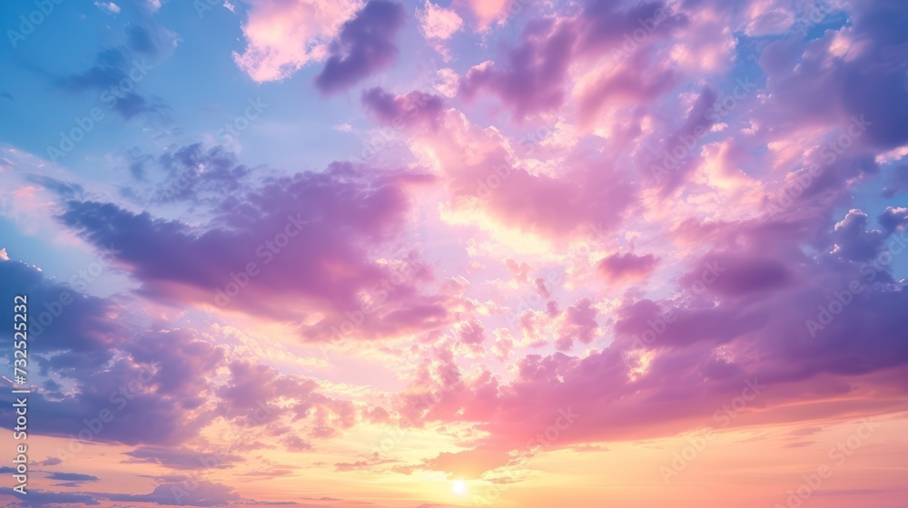 Scenic colorful sky at dawn with a bright, dramatic sunrise, followed by a natural sunset sky