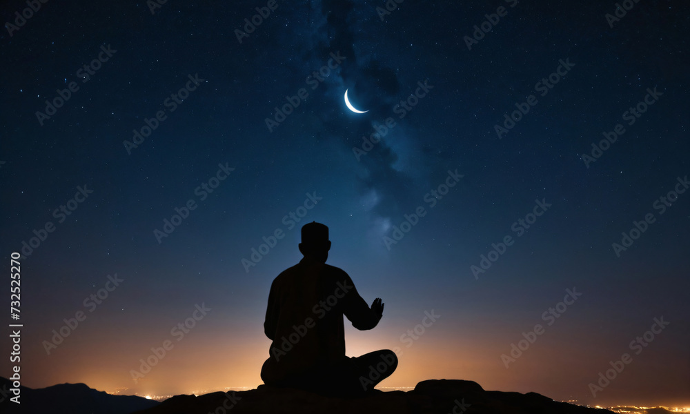 Silhouette of the back of a seated praying Muslim man in traditional clothing against a night sky with a crescent moon. Religious man praying alone among mountains during Ramadan