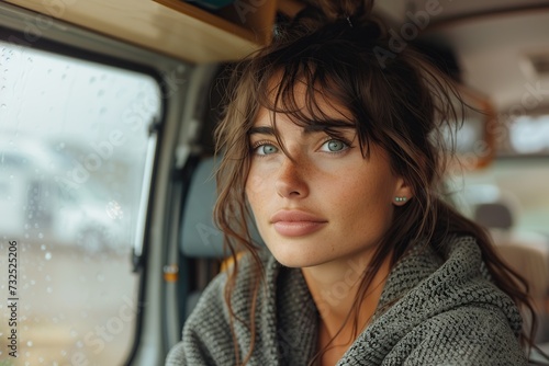 A woman looks out the window in her campervan with nostalgia and romantic feelings. women in travel lifestyle Travel and enjoy the wind and rain. © Morng