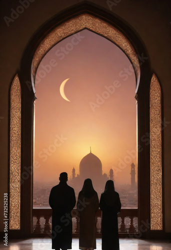 A silhouette of Muslims in traditional clothes standing under an Arabian arch and looking at a beautiful mosque at sunset and crescent moon in the sky during Ramadan