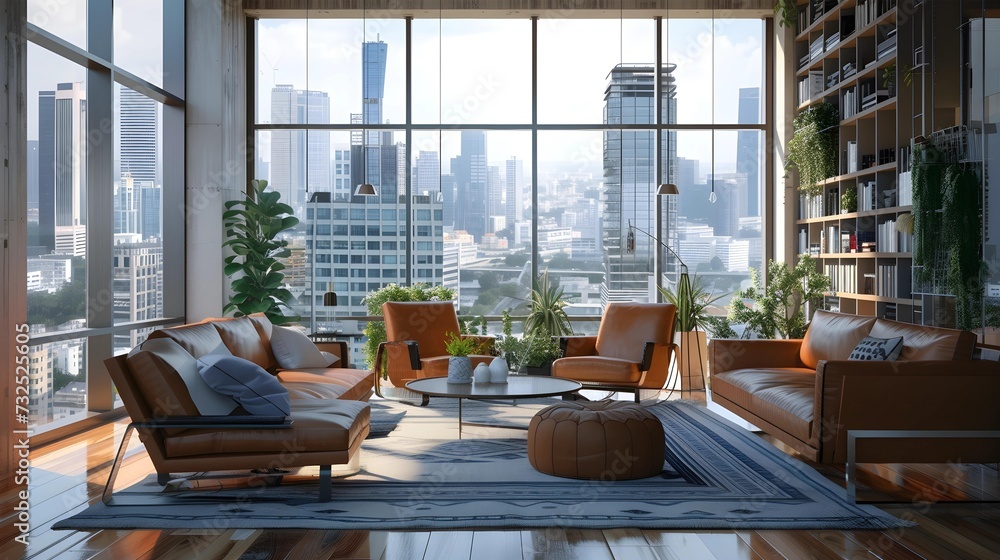 A stylish modern apartment living room with leather furniture, floor-to-ceiling windows, and a stunning urban skyline backdrop.
