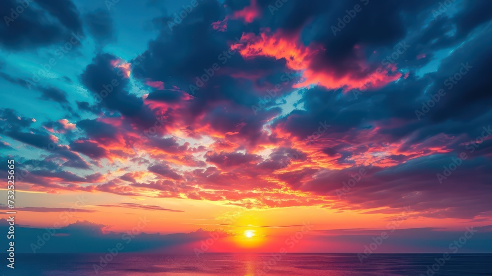 Scenic colorful sky at dawn with a bright, dramatic sunrise, followed by a natural sunset sky