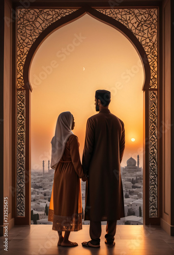 A young Muslim couple standing near an Arab archway looking out over the city at sunset and a beautiful mosque. A woman in hijab and a man in fez and traditional Muslim clothes looking at the Masjid