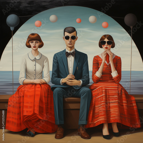 non-monogamy relationship, a man and two women on a bench photo