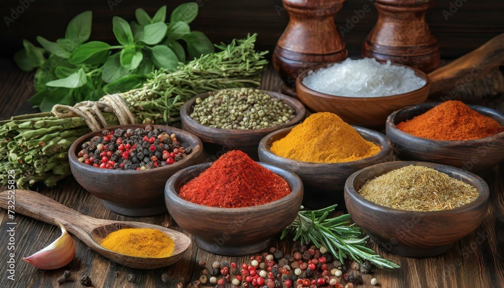 Various spices and herbs on a table