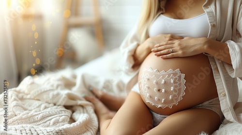 The pregnant woman's stomach is completely closed. A pregnant woman wears a cotton bra and a casual shirt. at home relax photo