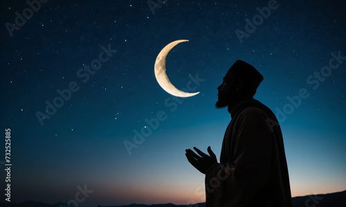 Silhouette of a Muslim man standing on a mountain praying in traditional clothes at night during Ramadan. Religious man praying against night starry sky with bright luminous crescent moon.