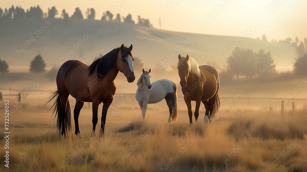 Obraz premium Wild Horses Running Along Prairie Grass