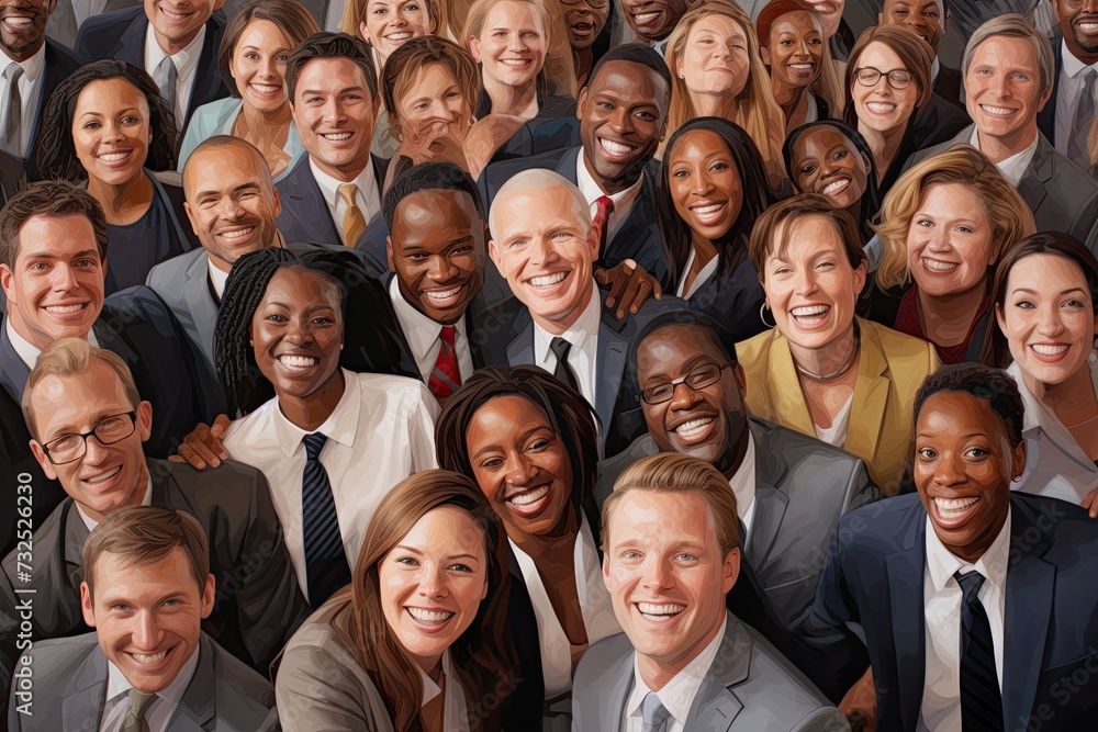 Collective Success: From a bird's-eye view, a row of joyful business colleagues stands together, symbolizing solidarity and shared success in their endeavors. Collective Success: From a bird's-eye view, a row of joyful business colleagues stands together, symbolizing solidarity and shared success in their endeavors.