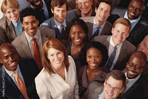 Collective Success  From a bird s-eye view  a row of joyful business colleagues stands together  symbolizing solidarity and shared success in their endeavors.