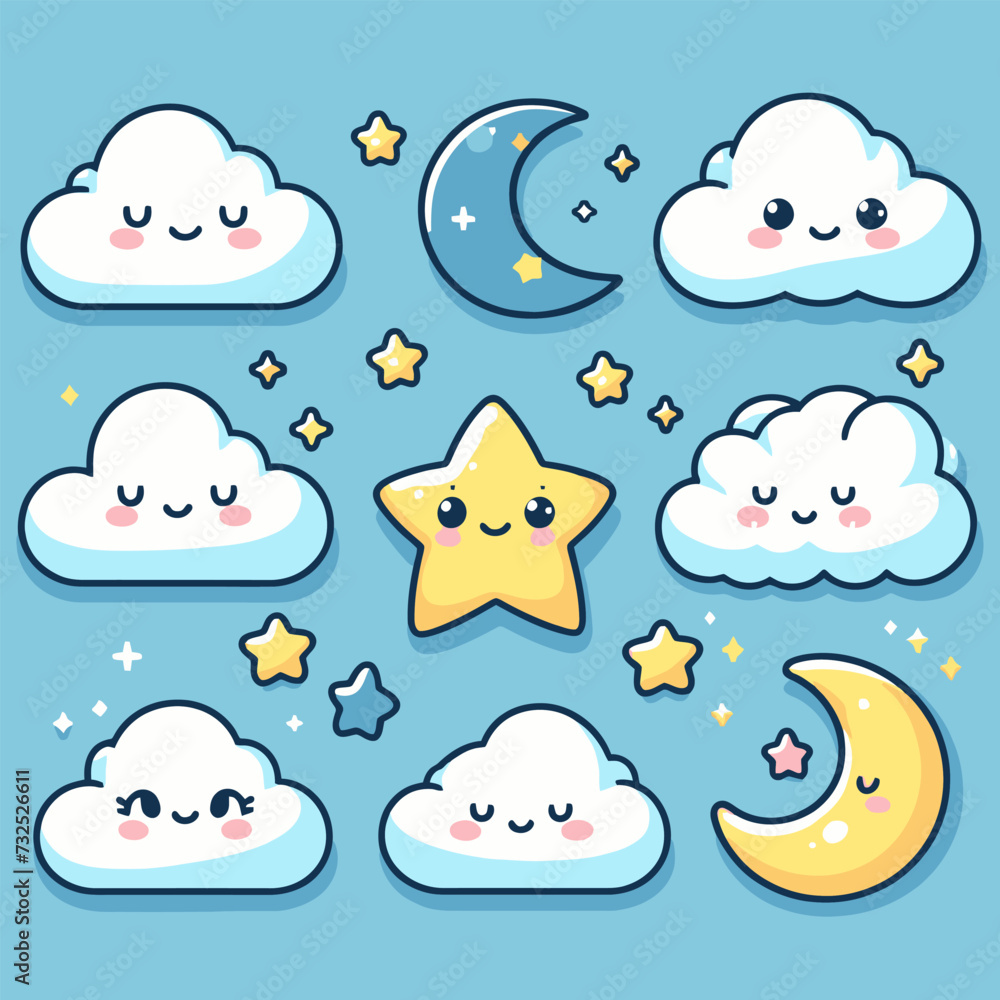 Cute Cloud, Star and Moon Vector Illustration