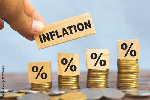 Inflation percentage, RBI, FED consider interest rate hike, world economics, and inflation control, INR, US dollar rupee, inflation concept. photo