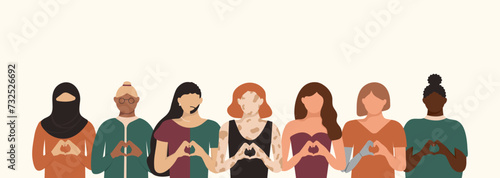 Diversity Girls with different figure age race identify stand together and hold hands like heart shape for IWD 2024 banner with copy space. International Women s Day background empty place for text