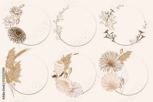 Vector set of 6 round beige frames with dried flowers