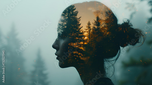 double exposure of a woman's head with forest landscape in the background © suldev