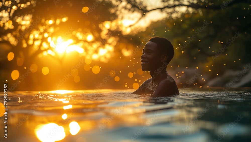 A young black man relaxing in the water with a happy expression against sunset sky A young black man relaxing in the water with a happy expression against sunset sky