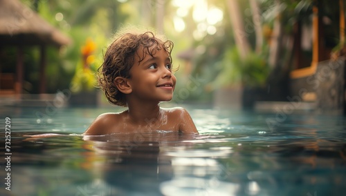 Smiling cute little girl in water in sunny day.