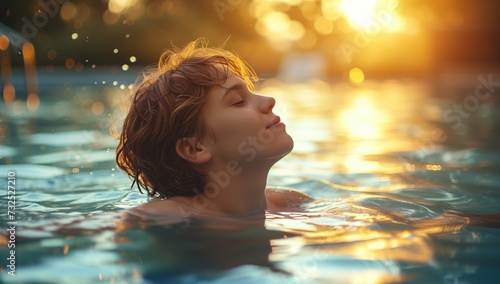 A boy relaxing in the water with a happy expression against sunset sky