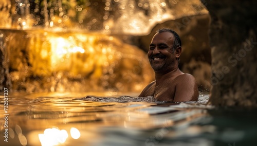 A black man relaxing in the water with a happy expression against sunset sky