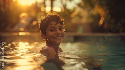 A boy relaxing in the water with a happy expression against sunset sky © Tetiana