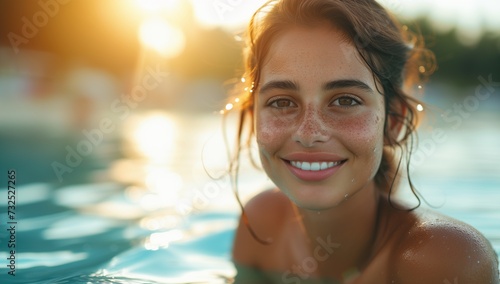 A young woman relaxing in the water with a happy expression against sunset sky